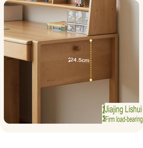 Adjustable Beech Solid Wood Study Desk Natural Finish Height Adjustable Writing Table with Storage for Kids & Adults