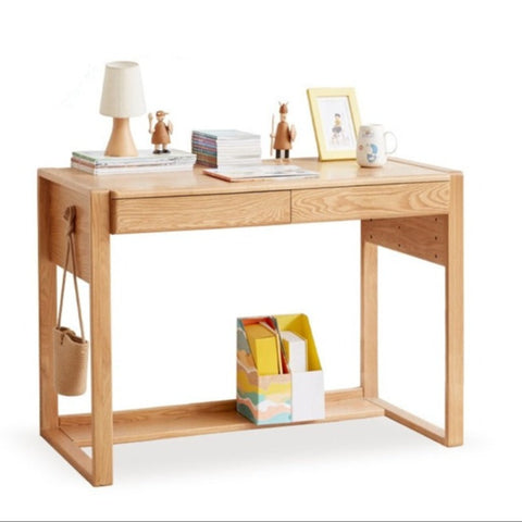 Adjustable Beech Solid Wood Study Desk Natural Finish Height Adjustable Writing Table with Storage for Kids & Adults