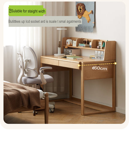 Adjustable Beech Solid Wood Study Desk Natural Finish Height Adjustable Writing Table with Storage for Kids & Adults