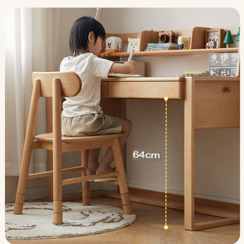Adjustable Beech Solid Wood Study Desk Natural Finish Height Adjustable Writing Table with Storage for Kids & Adults