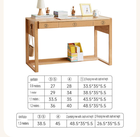 Adjustable Beech Solid Wood Study Desk Natural Finish Height Adjustable Writing Table with Storage for Kids & Adults