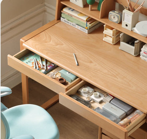 Adjustable Beech Solid Wood Study Desk Natural Finish Height Adjustable Writing Table with Storage for Kids & Adults