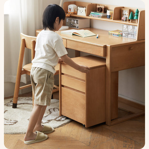 Adjustable Beech Solid Wood Study Desk Natural Finish Height Adjustable Writing Table with Storage for Kids & Adults