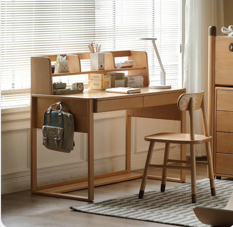 Adjustable Beech Solid Wood Study Desk Natural Finish Height Adjustable Writing Table with Storage for Kids & Adults