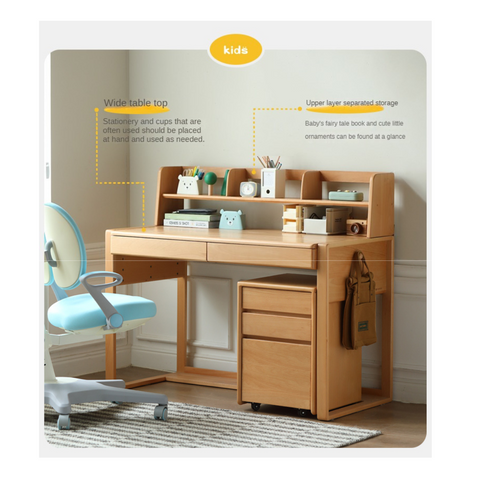 Adjustable Beech Solid Wood Study Desk Natural Finish Height Adjustable Writing Table with Storage for Kids & Adults