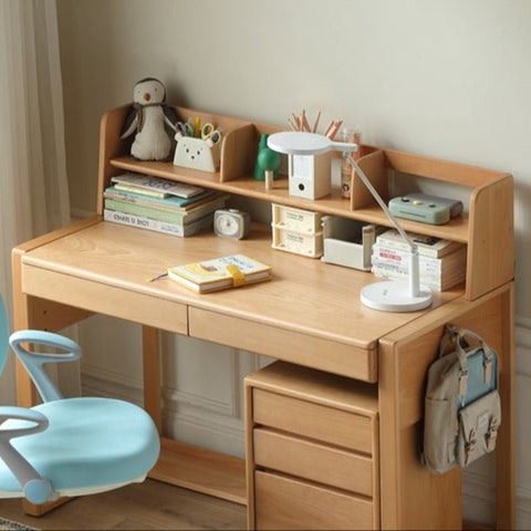 Adjustable Beech Solid Wood Study Desk Natural Finish Height Adjustable Writing Table with Storage for Kids & Adults
