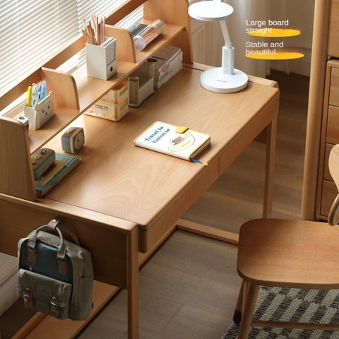 Adjustable Beech Solid Wood Study Desk Natural Finish Height Adjustable Writing Table with Storage for Kids & Adults