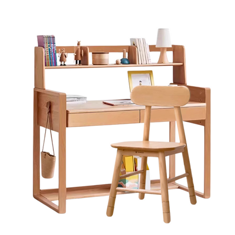 Adjustable Beech Solid Wood Study Desk Natural Finish Height Adjustable Writing Table with Storage for Kids & Adults