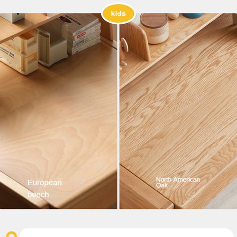 Adjustable Beech Solid Wood Study Desk Natural Finish Height Adjustable Writing Table with Storage for Kids & Adults