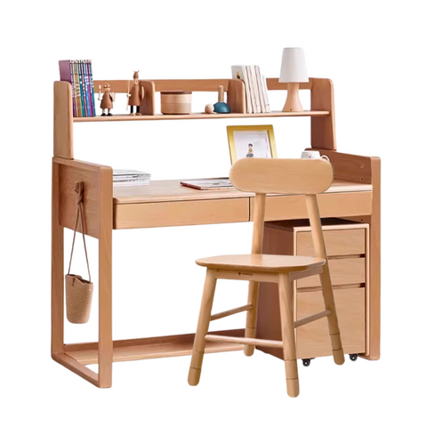Adjustable Beech Solid Wood Study Desk Natural Finish Height Adjustable Writing Table with Storage for Kids & Adults