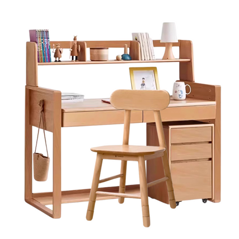 Adjustable Beech Solid Wood Study Desk Natural Finish Height Adjustable Writing Table with Storage for Kids & Adults