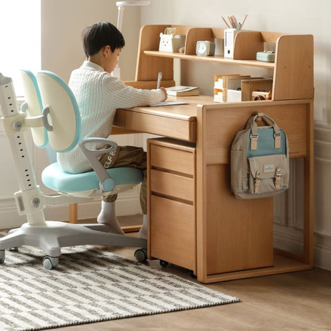 Adjustable Beech Solid Wood Study Desk Natural Finish Height Adjustable Writing Table with Storage for Kids & Adults
