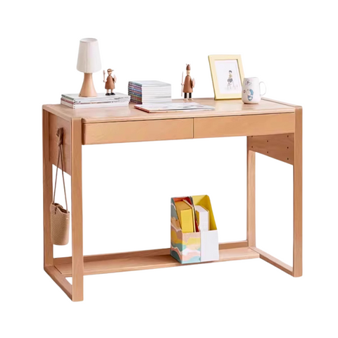 Adjustable Beech Solid Wood Study Desk Natural Finish Height Adjustable Writing Table with Storage for Kids & Adults