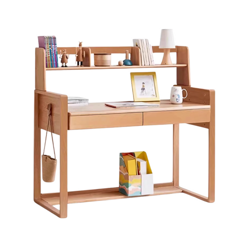 Adjustable Beech Solid Wood Study Desk Natural Finish Height Adjustable Writing Table with Storage for Kids & Adults