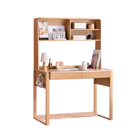 Adjustable Beech Solid Wood Study Desk Natural Finish Height Adjustable Writing Table with Storage for Kids & Adults