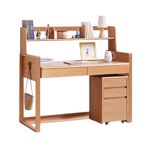 Adjustable Beech Solid Wood Study Desk Natural Finish Height Adjustable Writing Table with Storage for Kids & Adults