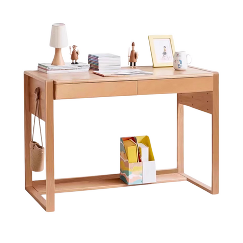 Adjustable Beech Solid Wood Study Desk Natural Finish Height Adjustable Writing Table with Storage for Kids & Adults