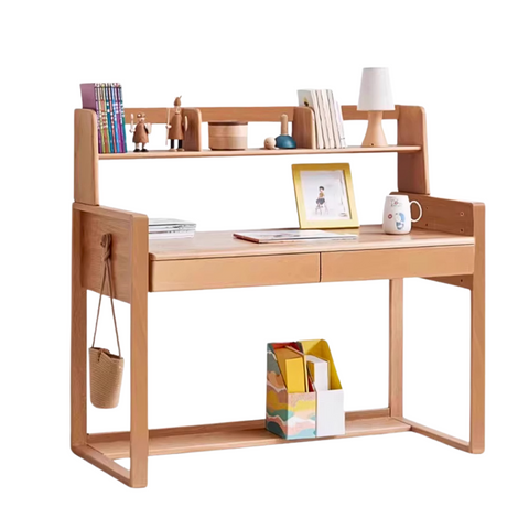 Adjustable Beech Solid Wood Study Desk Natural Finish Height Adjustable Writing Table with Storage for Kids & Adults