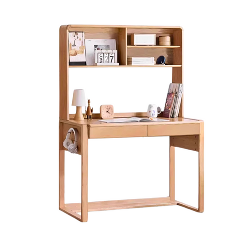 Adjustable Beech Solid Wood Study Desk Natural Finish Height Adjustable Writing Table with Storage for Kids & Adults