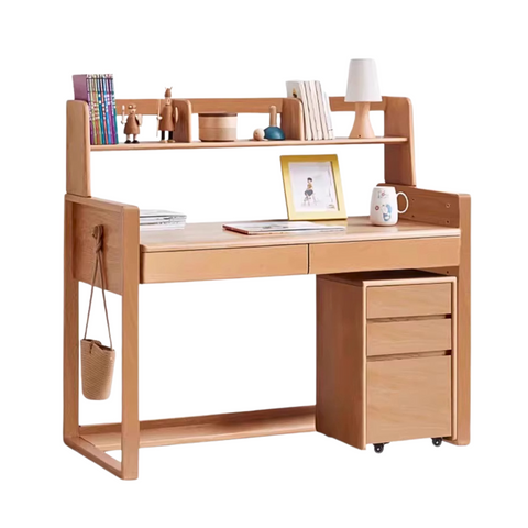 Adjustable Beech Solid Wood Study Desk Natural Finish Height Adjustable Writing Table with Storage for Kids & Adults