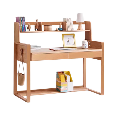 Adjustable Beech Solid Wood Study Desk Natural Finish Height Adjustable Writing Table with Storage for Kids & Adults