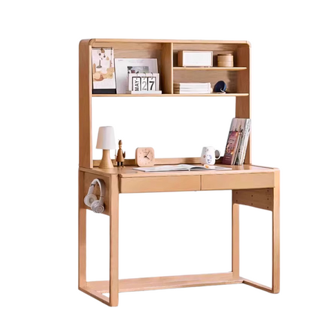 Adjustable Beech Solid Wood Study Desk Natural Finish Height Adjustable Writing Table with Storage for Kids & Adults