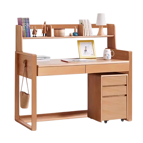 Adjustable Beech Solid Wood Study Desk Natural Finish Height Adjustable Writing Table with Storage for Kids & Adults