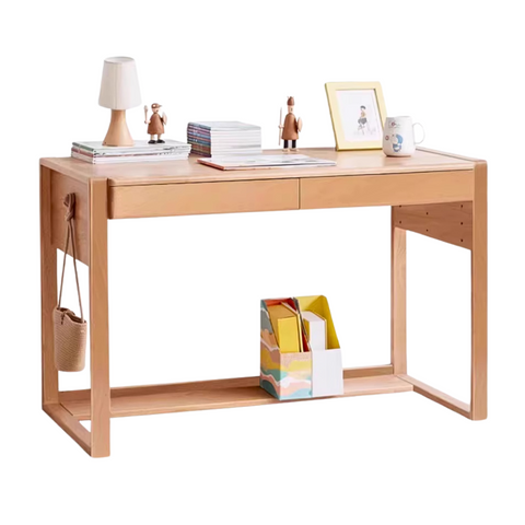 Adjustable Beech Solid Wood Study Desk Natural Finish Height Adjustable Writing Table with Storage for Kids & Adults