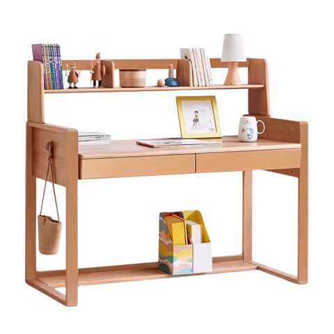 Adjustable Beech Solid Wood Study Desk Natural Finish Height Adjustable Writing Table with Storage for Kids & Adults