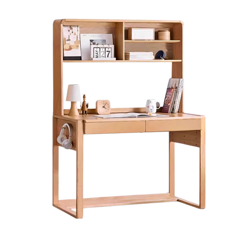 Adjustable Beech Solid Wood Study Desk Natural Finish Height Adjustable Writing Table with Storage for Kids & Adults