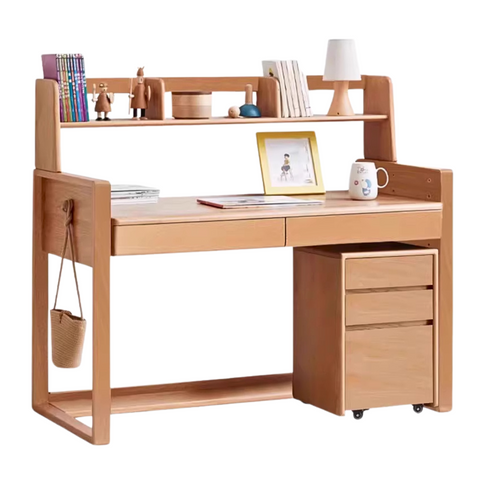 Adjustable Beech Solid Wood Study Desk Natural Finish Height Adjustable Writing Table with Storage for Kids & Adults