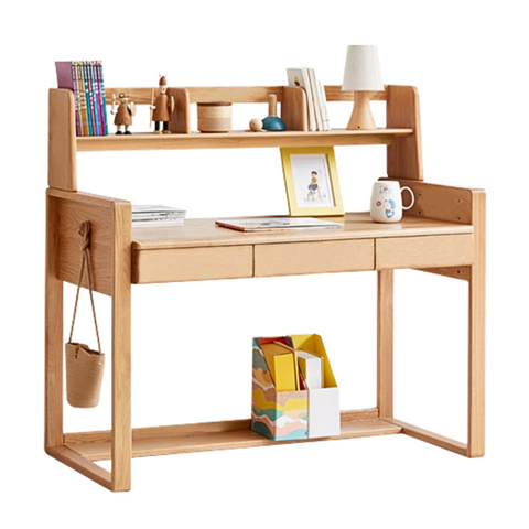 Adjustable Beech Solid Wood Study Desk Natural Finish Height Adjustable Writing Table with Storage for Kids & Adults