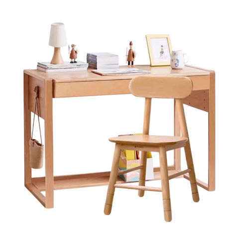 Adjustable Beech Solid Wood Study Desk Natural Finish Height Adjustable Writing Table with Storage for Kids & Adults