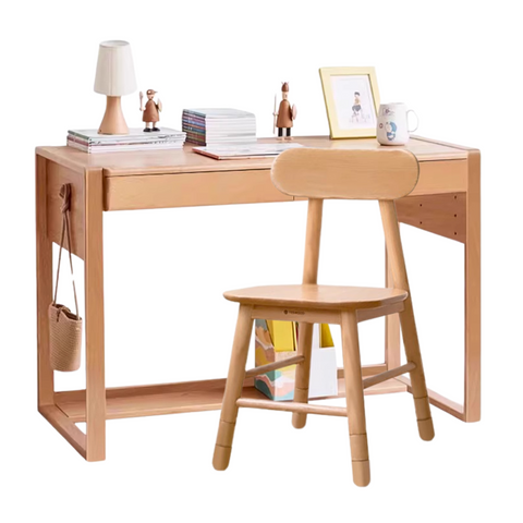 Adjustable Beech Solid Wood Study Desk Natural Finish Height Adjustable Writing Table with Storage for Kids & Adults