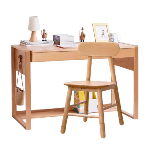 Adjustable Beech Solid Wood Study Desk Natural Finish Height Adjustable Writing Table with Storage for Kids & Adults
