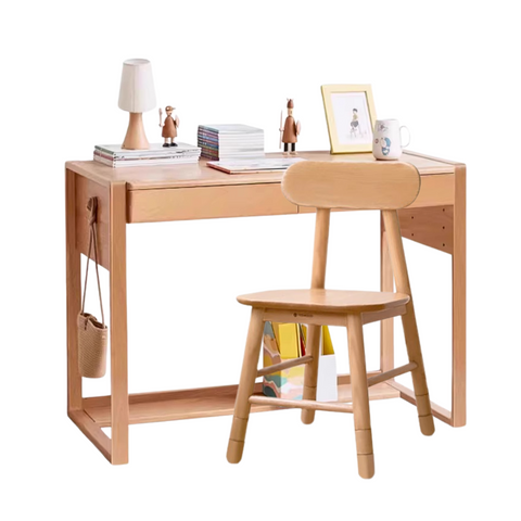 Adjustable Beech Solid Wood Study Desk Natural Finish Height Adjustable Writing Table with Storage for Kids & Adults