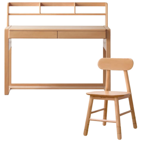 Adjustable Beech Solid Wood Study Desk Natural Finish Height Adjustable Writing Table with Storage for Kids & Adults