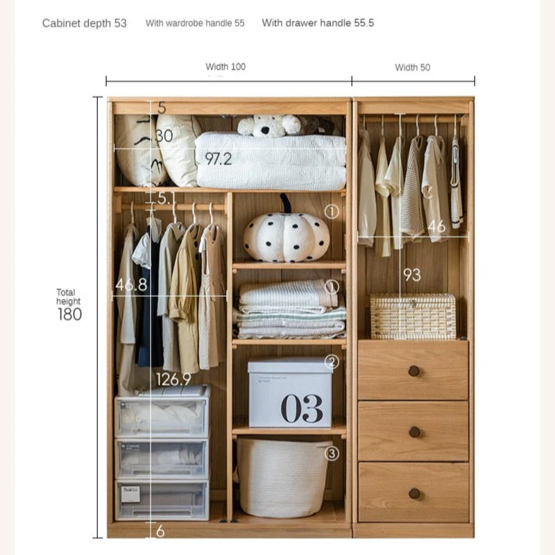 Oak Solid Wood Multi-functional Kids Wardrobe