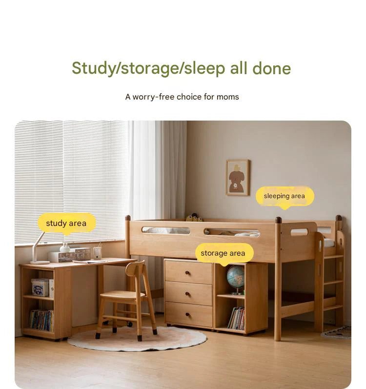 Beech solid wood Mid-high bed with slanting ladder<