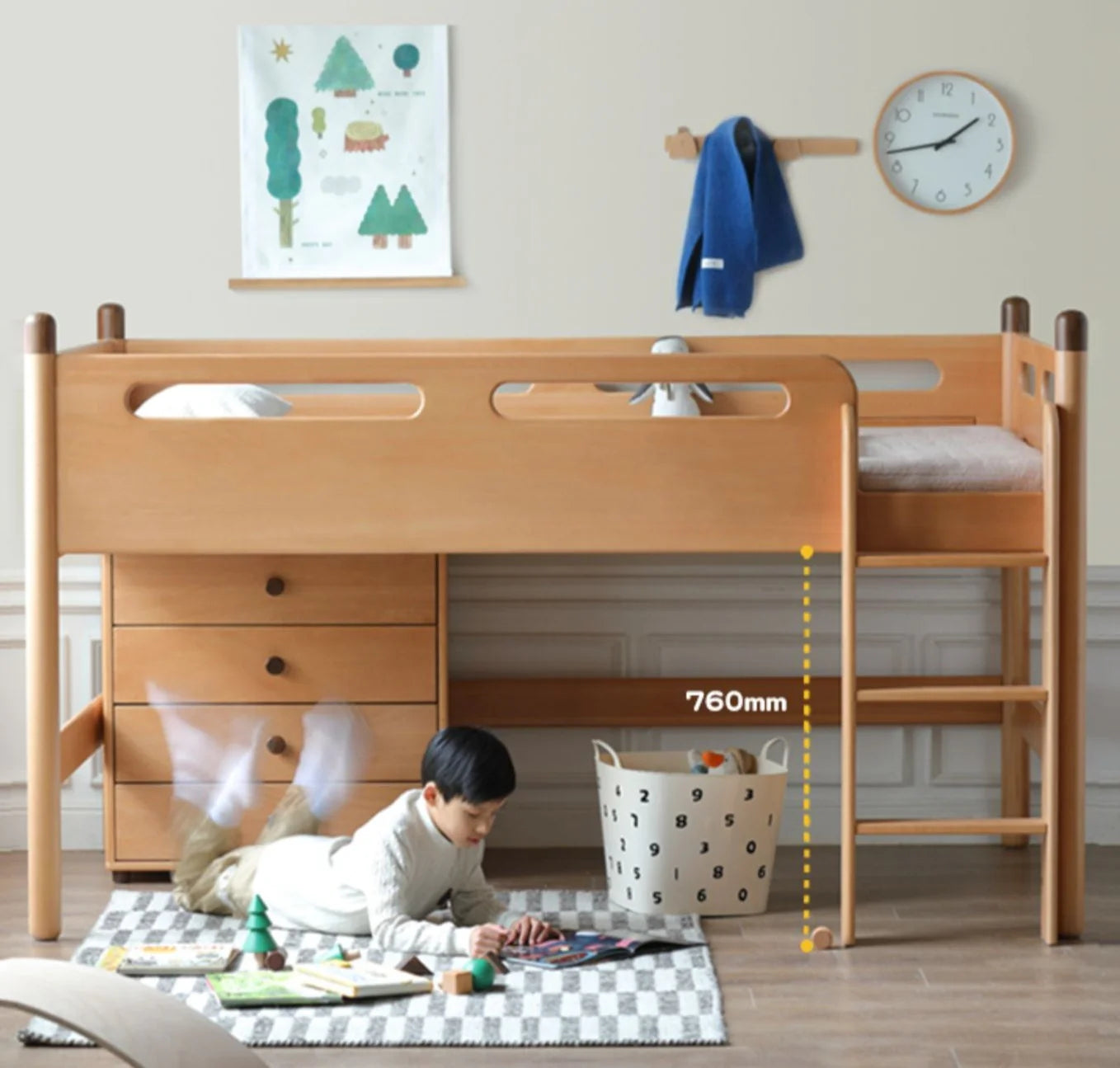 Beech solid wood Mid-high bed with slanting ladder<
