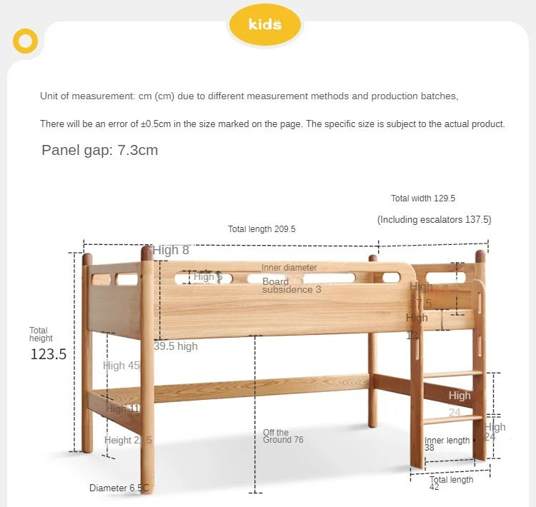 Beech solid wood Mid-high bed with slanting ladder<