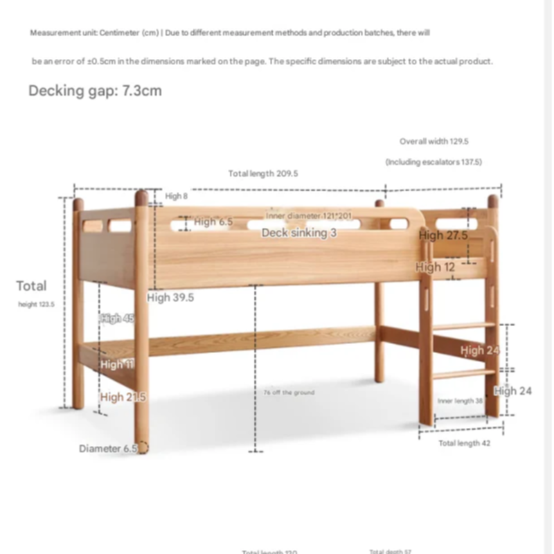 Beech solid wood Mid-high bed with slanting ladder<