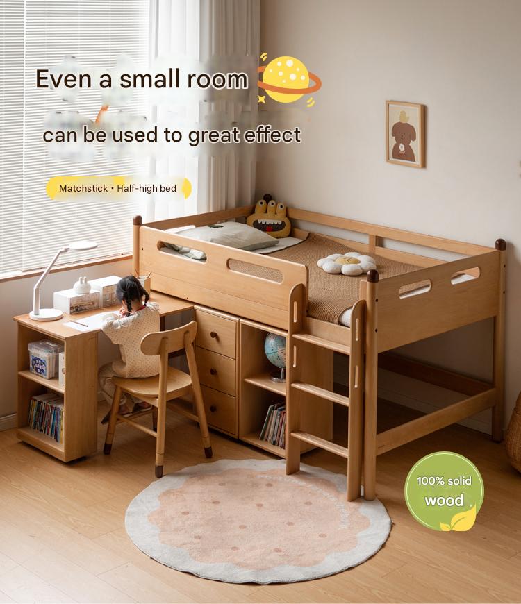 Beech solid wood Mid-high bed with slanting ladder<