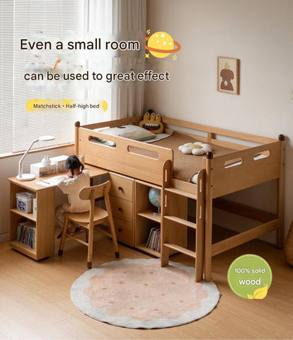 Beech solid wood Mid-high bed with slanting ladder<