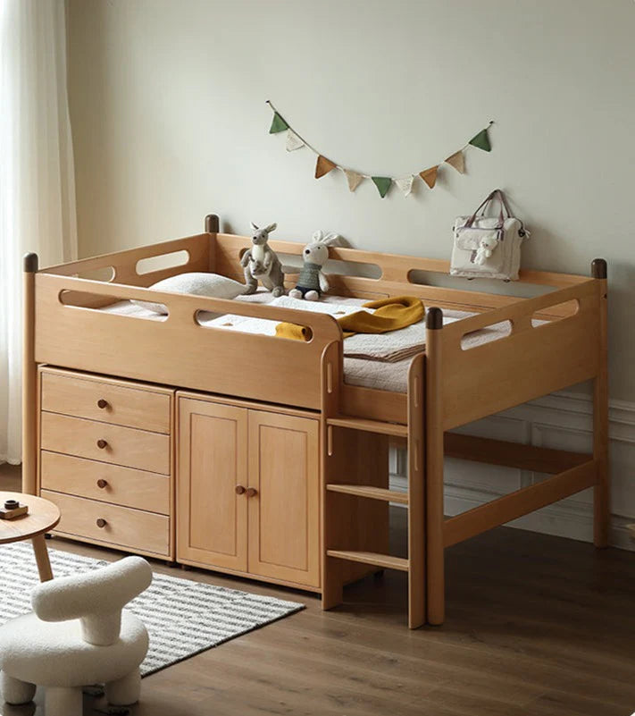 Beech solid wood Mid-high bed with slanting ladder<