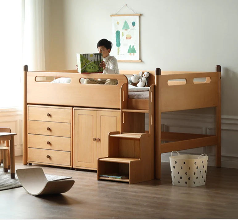 Beech solid wood Mid-high bed with slanting ladder<