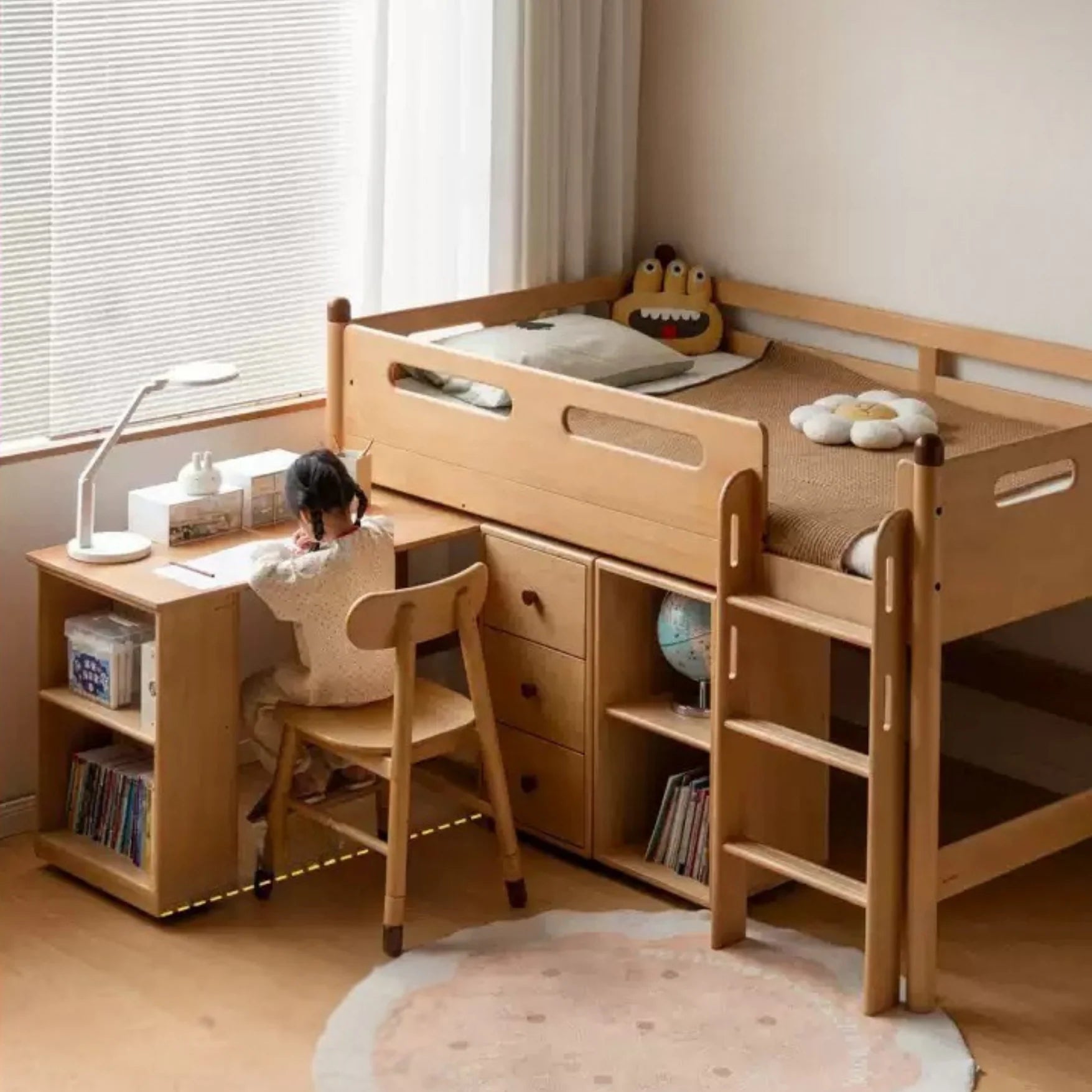 Beech solid wood Mid-high bed with slanting ladder<