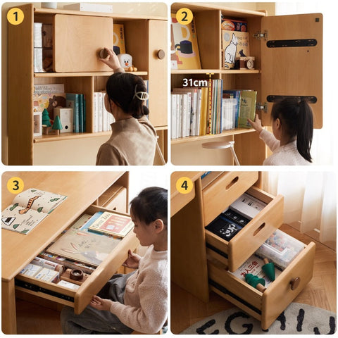 Beech Solid Wood Childrens Desk & Bookcase Natural Finish Study Table with Storage