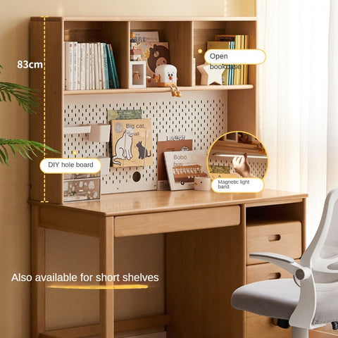 Beech Solid Wood Childrens Desk & Bookcase Natural Finish Study Table with Storage