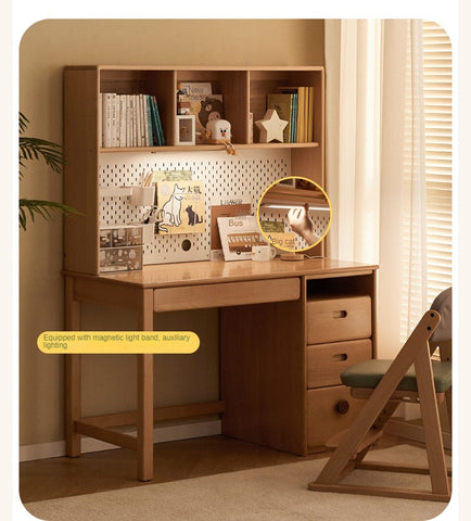 Beech Solid Wood Childrens Desk & Bookcase Natural Finish Study Table with Storage